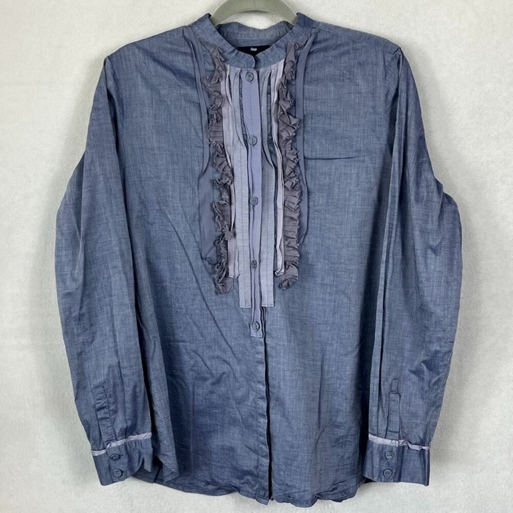 Gap Ruffled Bib Button-Up Shirt Women's XL Chambray Blue Long Sleeve 100% Cotton